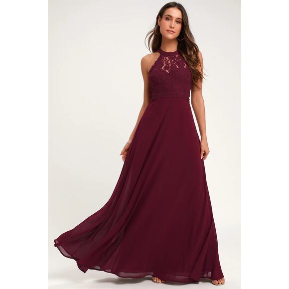 Lulus Dresses & Skirts - Lulus “Dance All Evening” Burgundy Lace Maxi Halter Dress – Large NWT